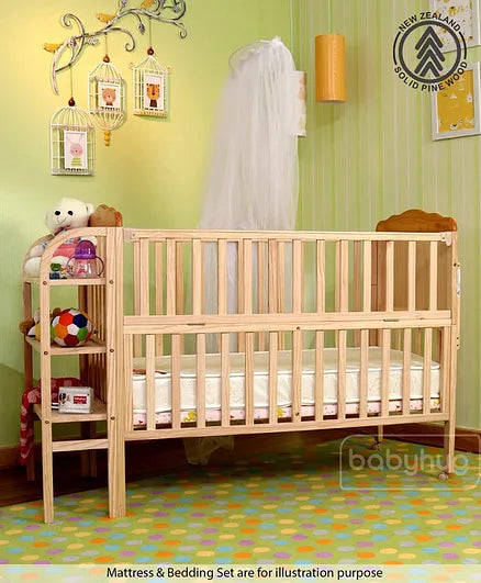 Babyhug lilly wooden cot , With mattress & Bumper