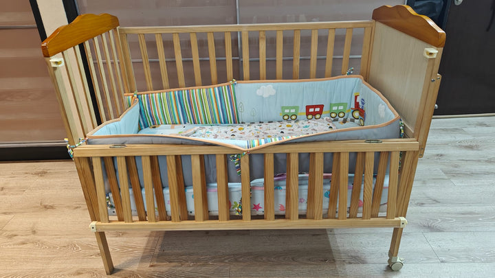 Babyhug lilly wooden cot , With mattress & Bumper