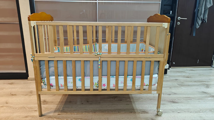 Babyhug lilly wooden cot , With mattress & Bumper