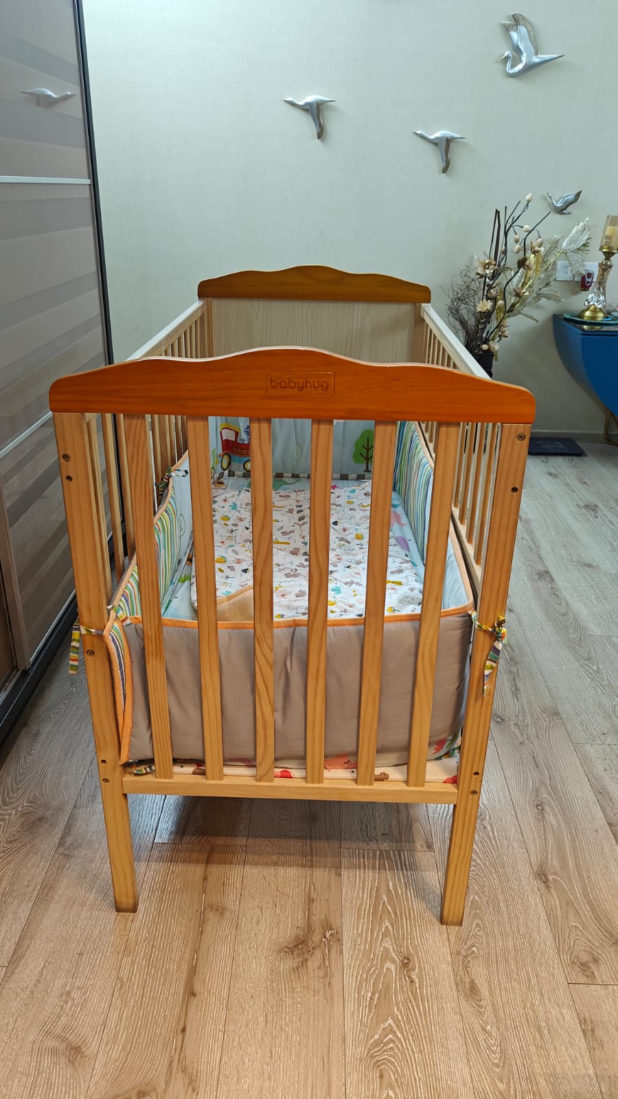 Babyhug lilly wooden cot , With mattress & Bumper