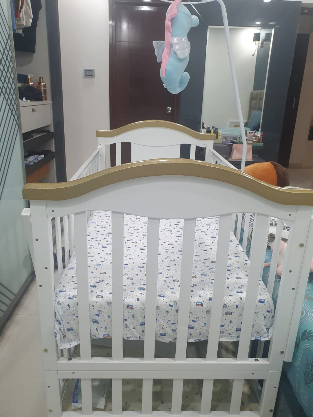 HunyHuny Crib Bed Pinewood 12 in 1 Rocking Cot With Mattress