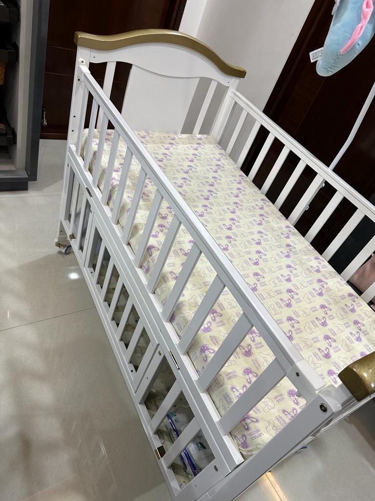 HunyHuny Crib Bed Pinewood 12 in 1 Rocking Cot With Mattress